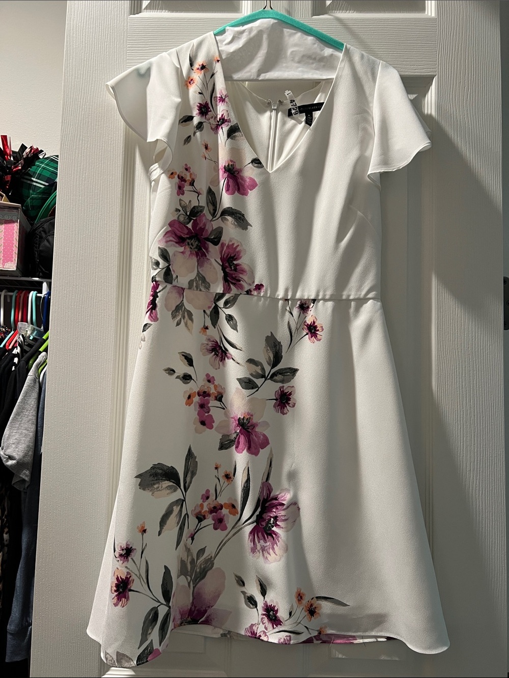 White House Black Market White Floral Fit-and-Flare Dress with Pink Accents